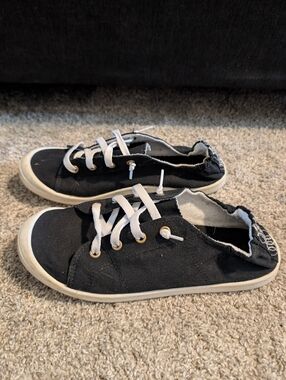 Black Canvas Slip-On Sneakers with White Laces. Women's Size 7.5